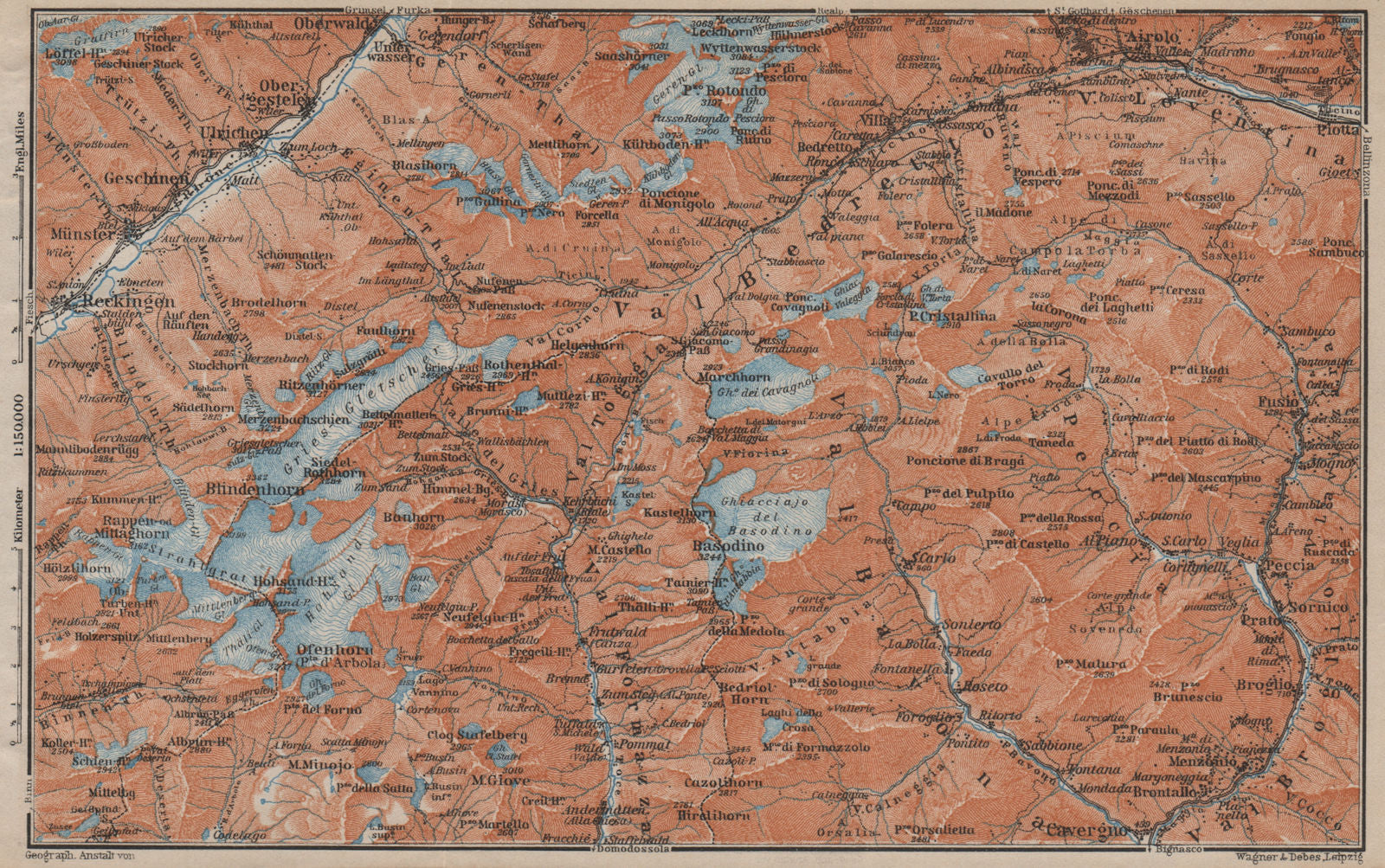 GRIES PASS & NW TICINO ALPS. Val Bedretto Airolo Basodino Ofenhorn 1913 map